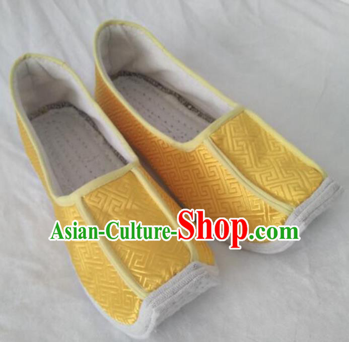 Chinese Kung Fu Shoes Yellow Brocade Shoes Traditional Hanfu Shoes Opera Shoes for Men