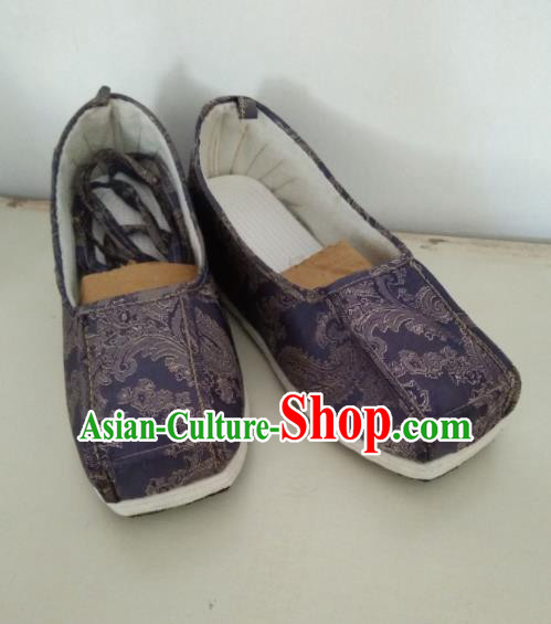 Chinese Kung Fu Shoes Deep Purple Brocade Shoes Traditional Hanfu Shoes Opera Shoes for Men