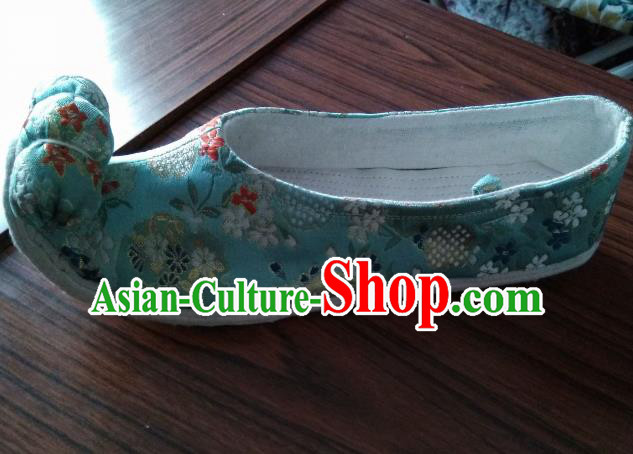 Chinese Traditional Blue Brocade Bow Shoes Opera Shoes Hanfu Shoes Ancient Princess Shoes for Women