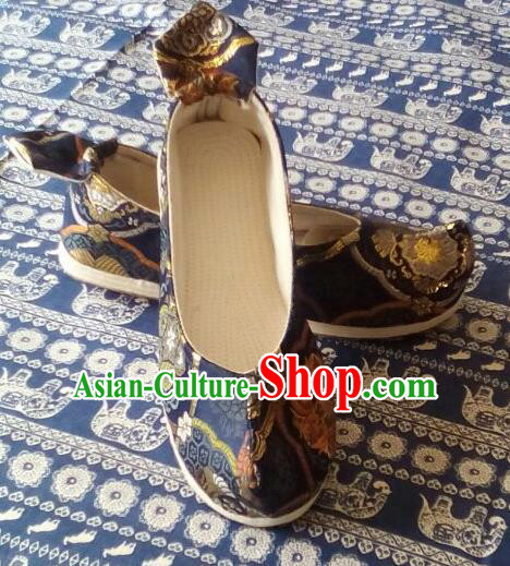 Chinese Traditional Navy Brocade Bow Shoes Opera Shoes Hanfu Shoes Ancient Princess Shoes for Women