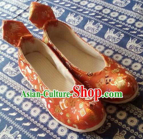 Chinese Traditional Handmade Orange Brocade Bow Shoes Opera Shoes Hanfu Shoes Ancient Princess Shoes for Women