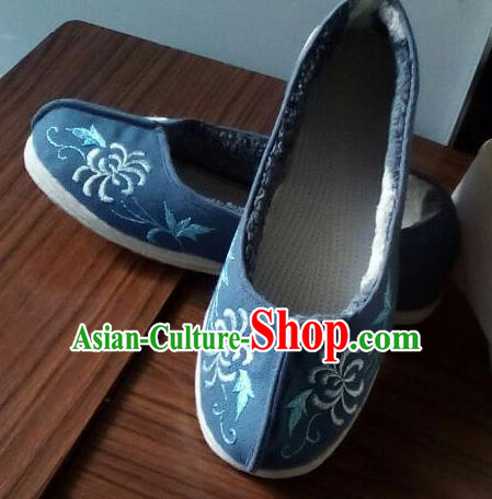 Chinese Traditional Handmade Embroidered Chrysanthemum Navy Shoes Opera Shoes Hanfu Shoes Ancient Princess Shoes for Women