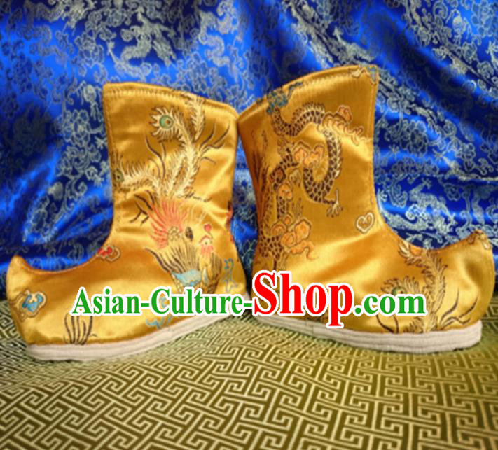 Chinese Emperor Shoes Handmade Golden Brocade Boots Traditional Hanfu Shoes Opera Shoes for Kids