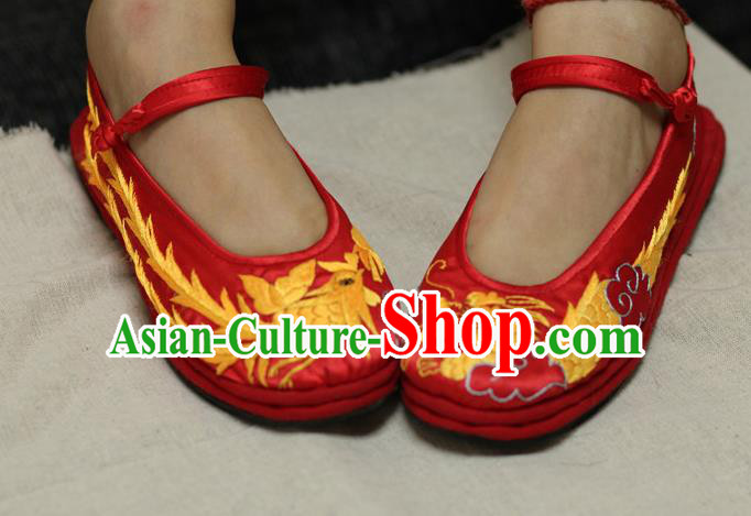 Chinese Traditional Embroidered Dragon Phoenix Red Satin Shoes Hanfu Shoes for Women