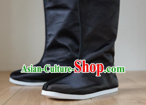 Chinese Ancient Swordsman Shoes Handmade Black Satin Boots Traditional Hanfu Shoes Opera Shoes for Men