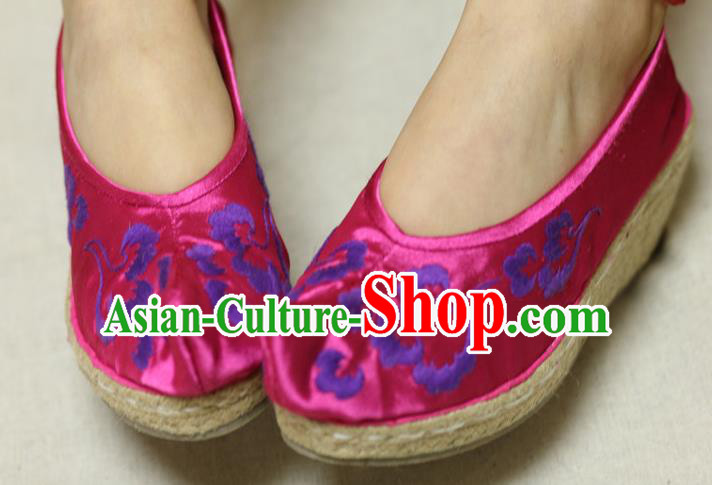 Chinese Traditional National Embroidered Rosy Satin Shoes Hanfu Shoes for Women