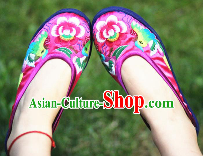 Chinese Traditional National Embroidered Mandarin Duck Peony Rosy Slippers Hanfu Shoes for Women