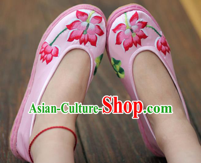 Chinese Handmade Shoes Traditional National Embroidered Lotus Pink Shoes Hanfu Shoes for Women