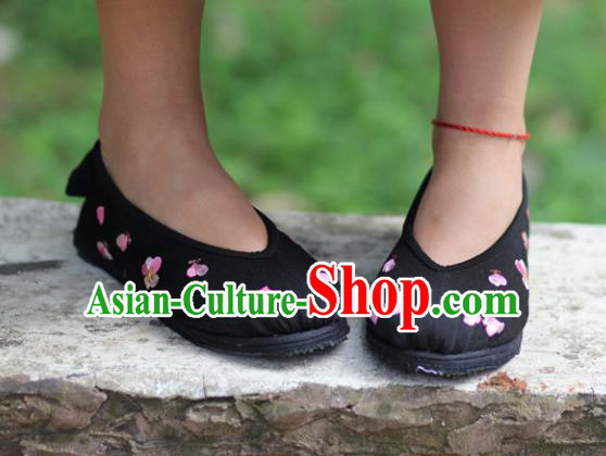 Chinese Embroidered Peach Blossom Black Shoes Handmade Hanfu Shoes Traditional National Shoes for Women