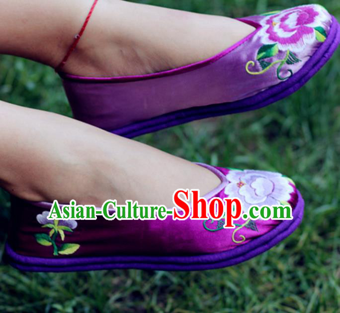 Chinese Traditional National Embroidered Peony Purple Shoes Hanfu Shoes for Women