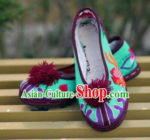 Chinese Handmade Embroidered Green Cloth Shoes Hanfu Shoes Traditional National Shoes for Women