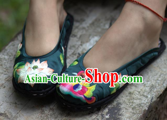 Chinese Traditional National Embroidered Mandarin Duck Lotus Deep Green Slippers Hanfu Shoes for Women