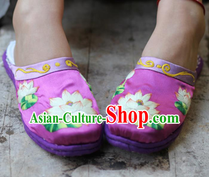 Chinese Traditional National Embroidered Lotus Purple Slippers Hanfu Shoes for Women