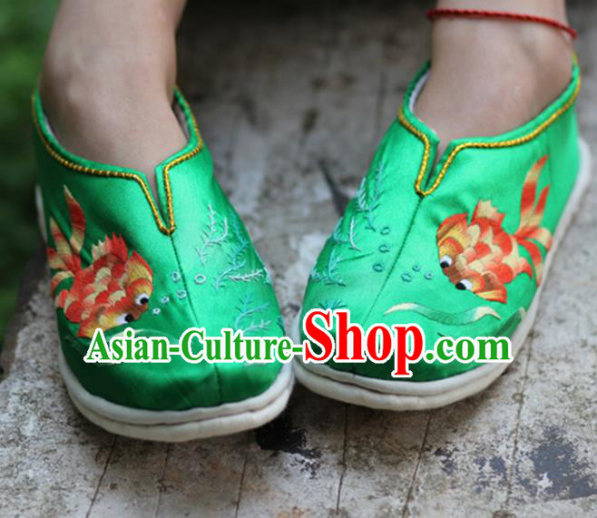 Chinese Handmade Embroidered Goldfish Green Shoes Hanfu Shoes Traditional National Shoes for Women