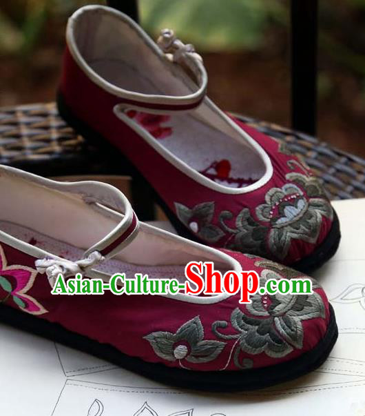 Chinese Traditional National Embroidered Wine Red Shoes Hanfu Shoes for Women