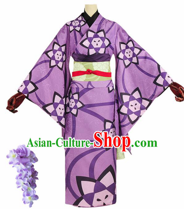 Japanese Cosplay Geisha Purple Kimono Dress Traditional Ancient Courtesan Costume for Women