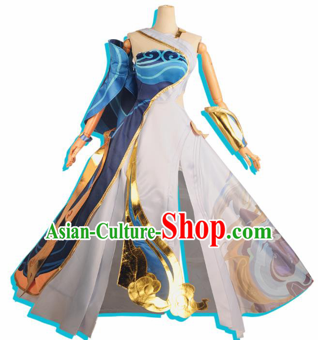 Chinese Cosplay Game Swordswoman Blue Dress Traditional Ancient Female Knight Costume for Women