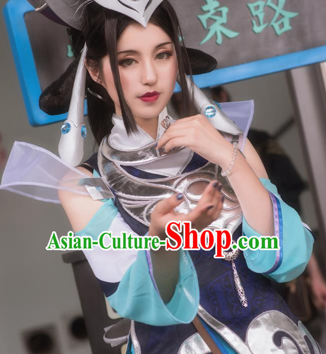 Chinese Cosplay Game Fairy Swordswoman Deep Blue Dress Traditional Ancient Female Knight Costume for Women