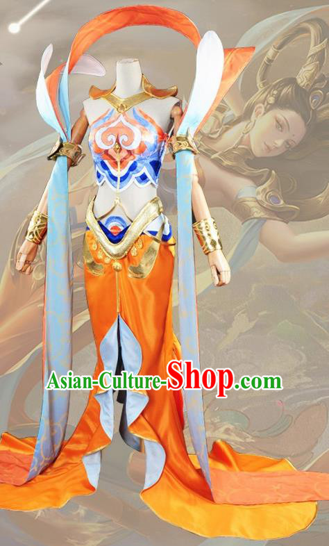 Chinese Cosplay Game Fairy Princess Orange Dress Traditional Ancient Female Swordsman Costume for Women