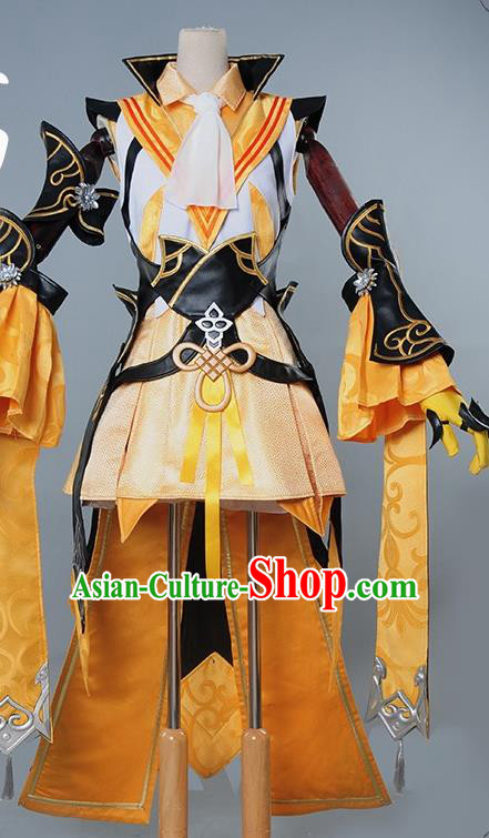 Chinese Cosplay Game Fairy Golden Dress Traditional Ancient Female Swordsman Costume for Women