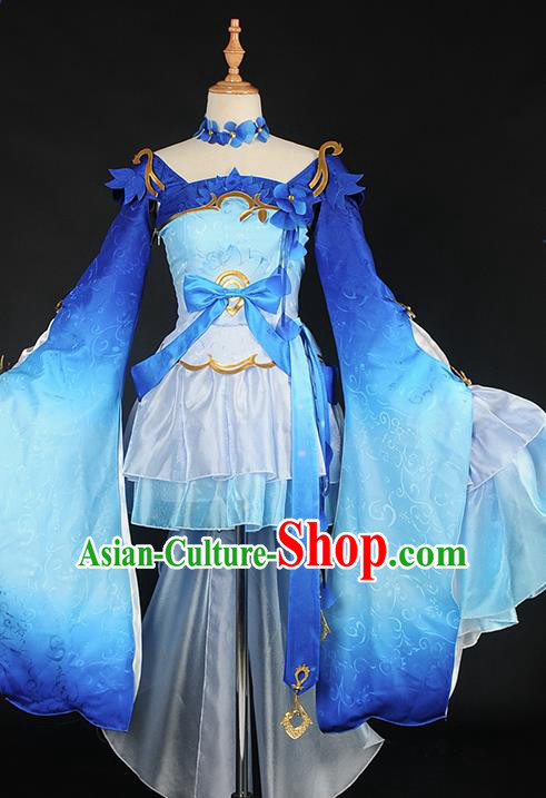 Chinese Cosplay Game Fairy Deep Blue Dress Traditional Ancient Swordsman Costume for Women