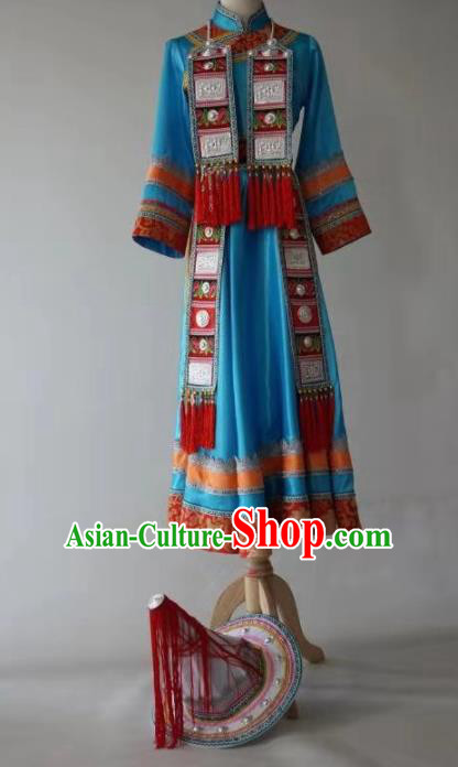 Chinese Yugu Ethnic Stage Show Costumes Traditional Nationality Folk Dance Blue Dress for Women