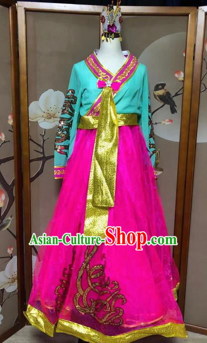 Chinese Korean Ethnic Stage Show Costumes Traditional Nationality Folk Dance Rosy Dress for Women