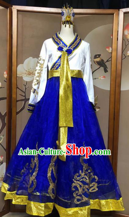 Chinese Korean Ethnic Stage Show Costumes Traditional Nationality Folk Dance Royalblue Dress for Women