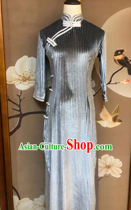 Chinese Classical Dance Grey Qipao Dress Traditional Stage Show Costume for Women