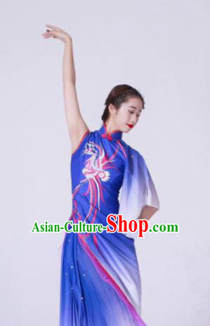 Chinese Classical Dance Blue Dress Traditional Fan Dance Stage Show Costume for Women