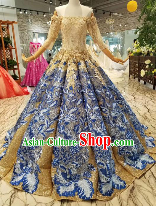 Custom Chorus Embroidered Blue Full Dress Wedding Bride Costumes Top Grade Bridal Gown for Women