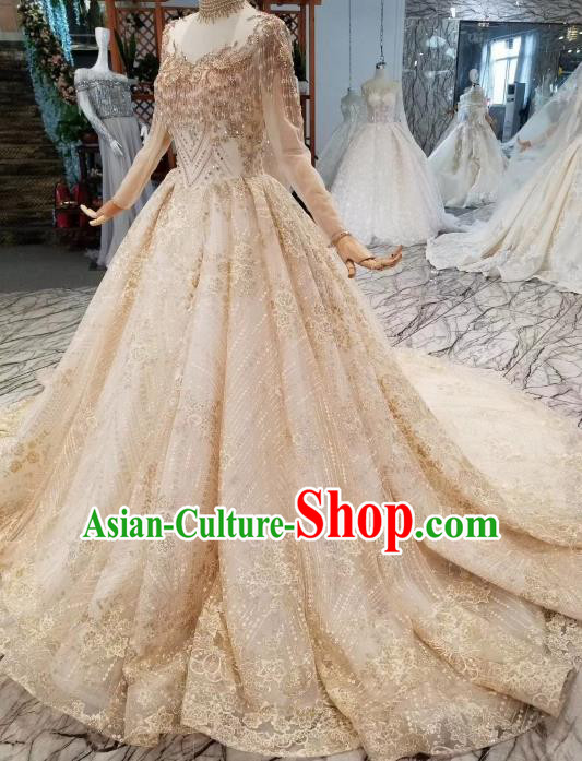 Custom Compere Embroidered Champagne Trailing Full Dress Wedding Bride Costumes Top Grade Bridal Gown for Women