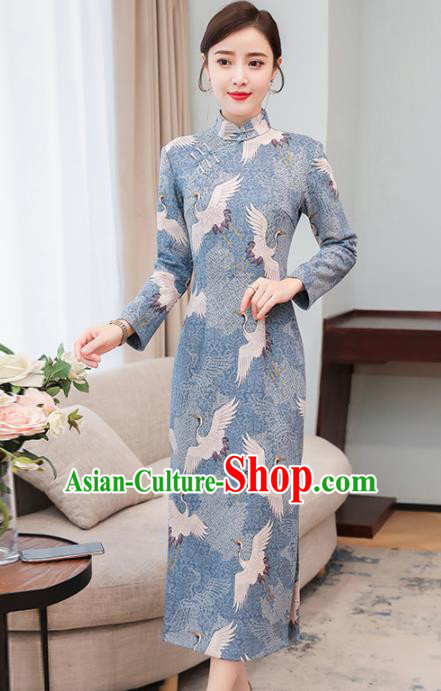 Chinese Traditional Printing Crane Light Blue Long Cheongsam Costume China National Qipao Dress for Women