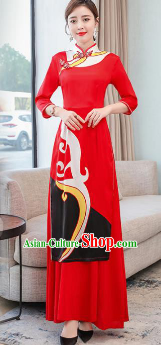 Vietnamese Traditional Printing Costume Asian Vietnam Red Ao Dai Dress for Women