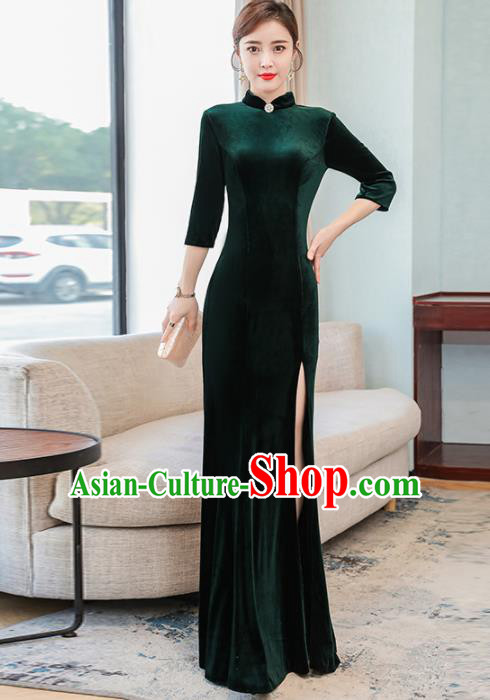 Chinese Traditional Compere Deep Green Long Cheongsam Costume China National Qipao Dress for Women