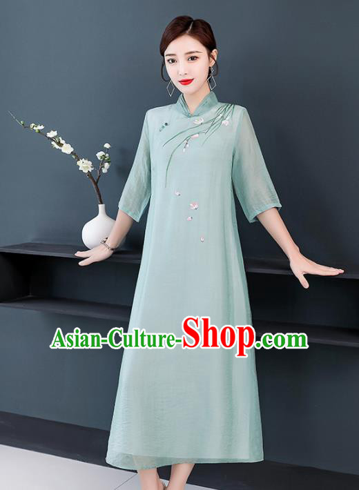 Chinese Traditional Compere Embroidered Orchid Green Cheongsam Costume China National Qipao Dress for Women