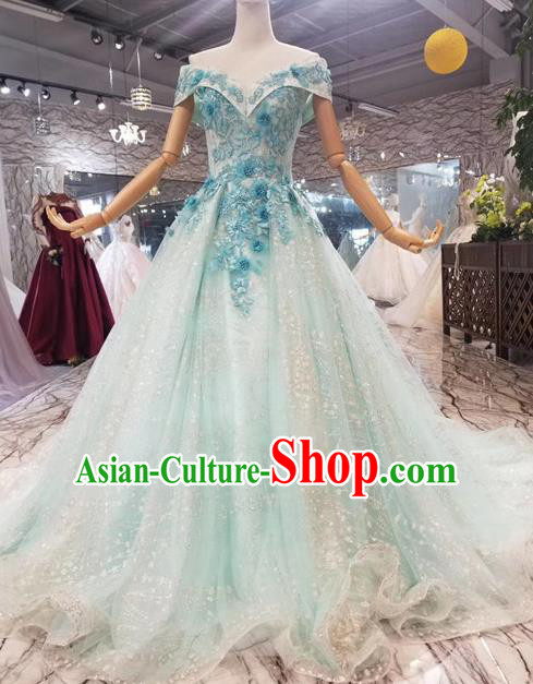 Custom Compere Embroidered Light Blue Trailing Full Dress Wedding Bride Costumes Top Grade Bridal Gown for Women