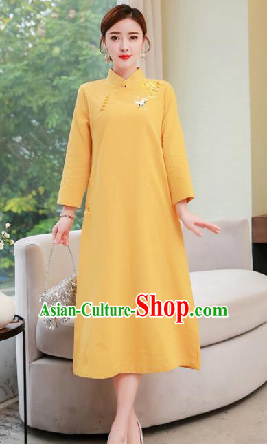 Chinese Traditional Compere Embroidered Yellow Cheongsam Costume China National Qipao Dress for Women