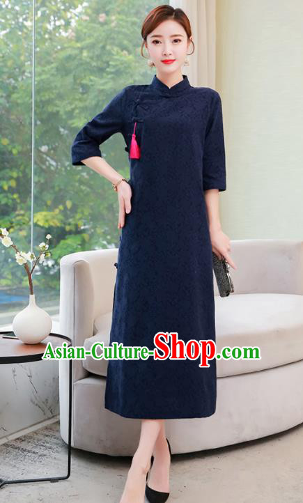 Chinese Traditional Compere Navy Cotton Cheongsam Costume China National Qipao Dress for Women