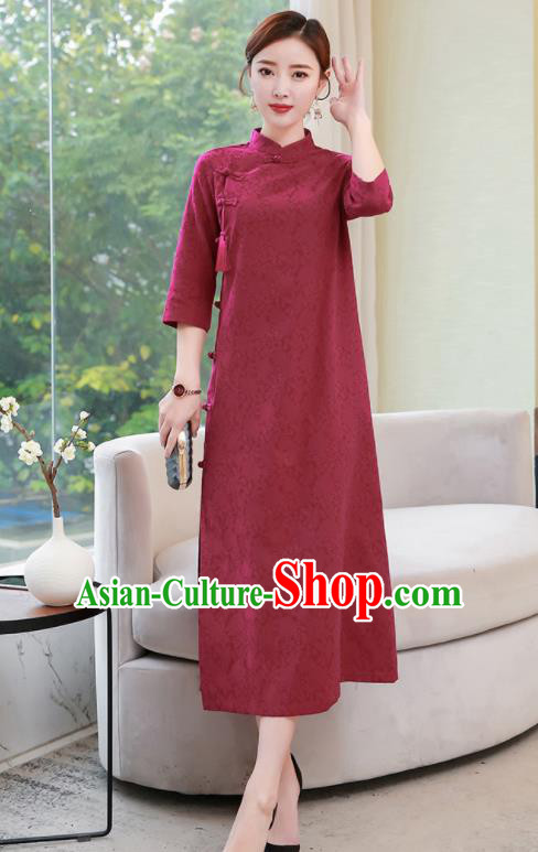 Chinese Traditional Compere Wine Red Cotton Cheongsam Costume China National Qipao Dress for Women