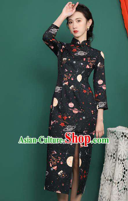 Chinese Traditional Compere Printing Black Cheongsam Costume China National Qipao Dress for Women