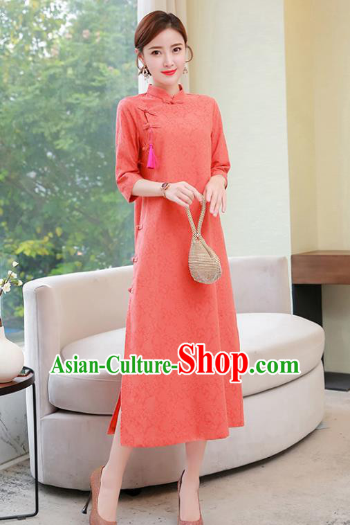 Chinese Traditional Compere Orange Cotton Cheongsam Costume China National Qipao Dress for Women