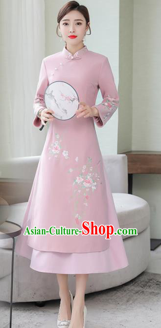 Chinese Traditional Compere Pink Cheongsam Costume China National Qipao Dress for Women