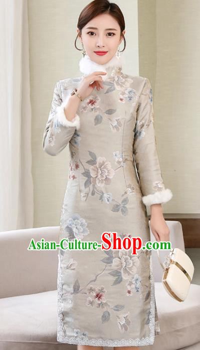 Chinese Traditional Compere Winter Light Grey Cheongsam Costume China National Qipao Dress for Women