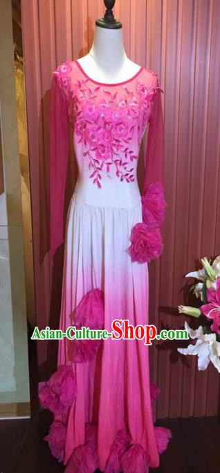 Chinese Classical Dance Rosy Dress Traditional Peony Dance Stage Show Costume for Women