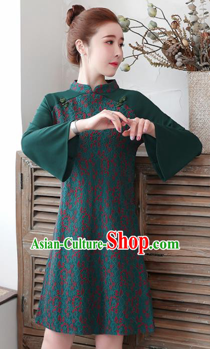 Chinese Traditional Deep Green Cheongsam Costume China National Qipao Dress for Women