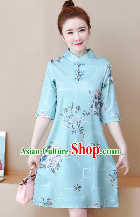 Chinese Traditional Printing Light Blue Cheongsam Costume China National Qipao Dress for Women