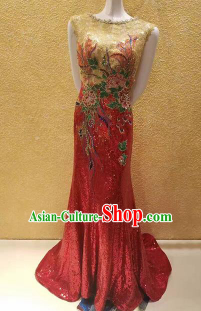 Custom Compere Embroidered Paillette Red Full Dress Wedding Bride Costumes Top Grade Bridal Gown for Women