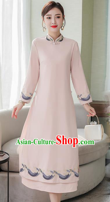 Chinese Traditional Embroidered Light Pink Cheongsam Costume China National Qipao Dress for Women