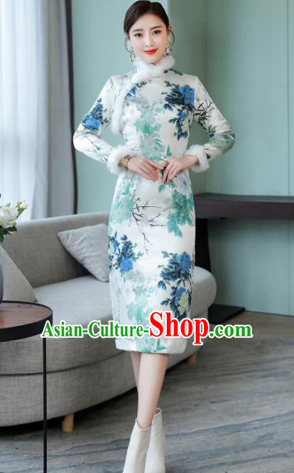 Chinese Traditional Winter Printing Peony White Cheongsam Costume China National Qipao Dress for Women